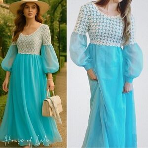 Vintage aqua blue maxi lace dress. Puff sleeve 60s gunne sax style. Modest dress